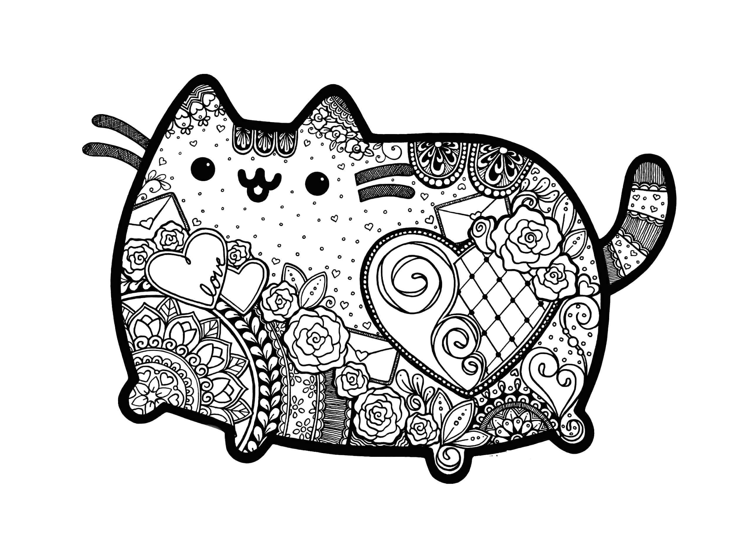 Online coloring book: Coloring book of Pusheen kitten decorated with flowers